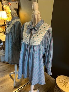 NWT. Pomander Place, Medium, Blue Striped Peasant Blouse w/ Embroidered Yoke
